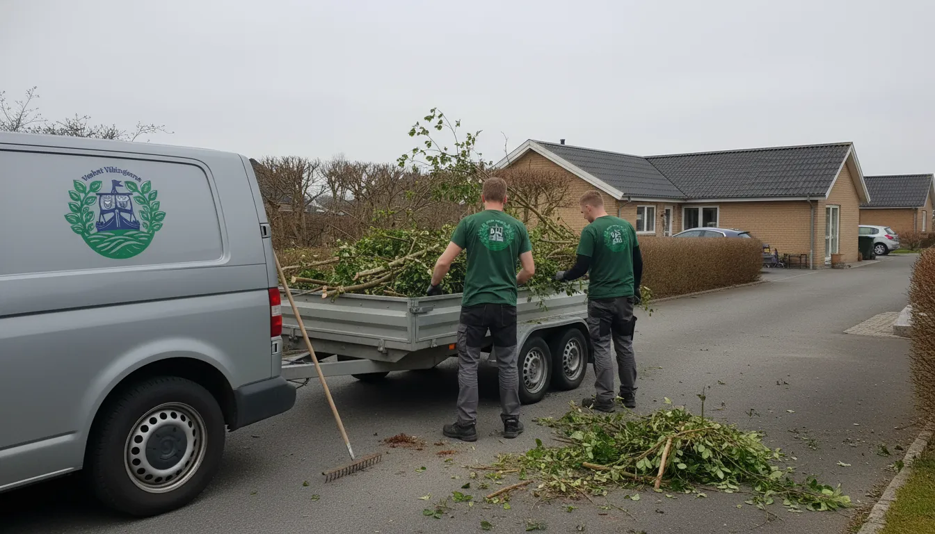 Vækst Vikingernes hold læsser haveaffald i traileren ved firmabilen